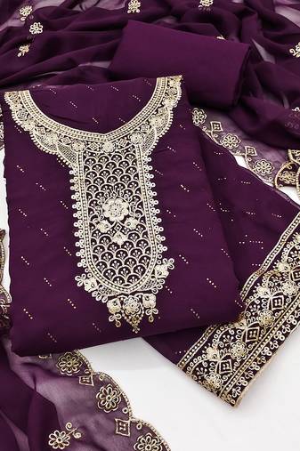 Women's purple unstitched embroiderd georgette dress material 