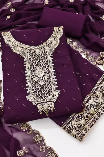 Women's purple unstitched embroiderd georgette dress material 