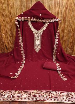 Women's maroon embroiderd georgette dress material 2