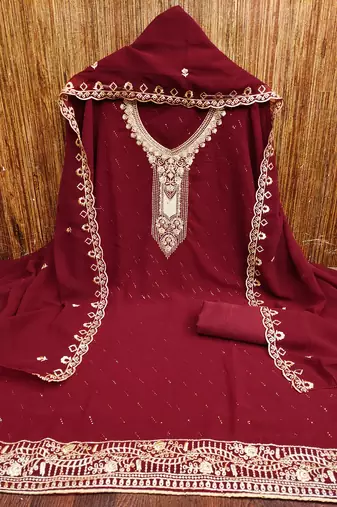 Women's maroon embroiderd georgette dress material