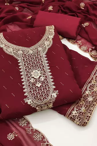 Women's maroon unstitched embroiderd georgette dress material 
