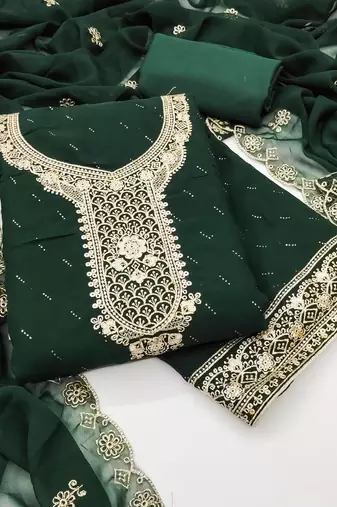 Women's green unstitched embroiderd georgette dress material 