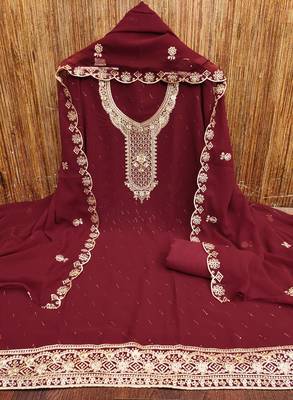 Women's maroon embroiderd georgette dress material 2