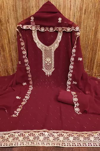 Women's maroon embroiderd georgette dress material