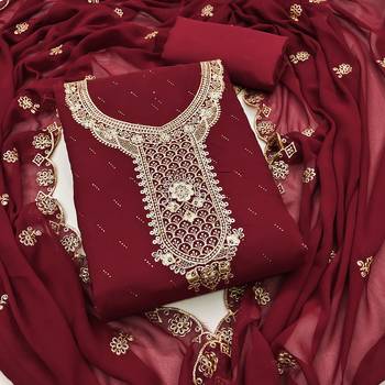 Women's maroon embroiderd georgette dress material 3