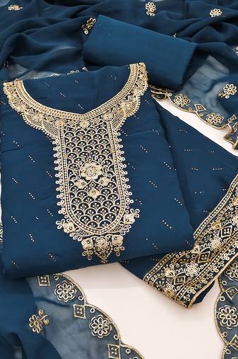 Women's blue unstitched embroiderd georgette dress material 