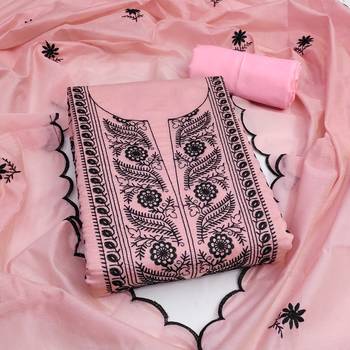 Women's pink embroiderd chanderi cotton dress material 1