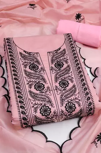 Women's pink unstitched embroiderd chanderi cotton dress material 