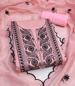 Women's pink unstitched embroiderd chanderi cotton dress material 