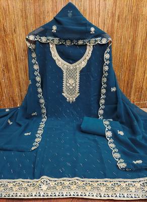 Women's blue embroiderd georgette dress material 2