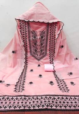 Women's pink embroiderd chanderi cotton dress material 2
