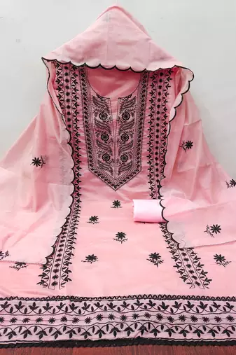 Women's pink embroiderd chanderi cotton dress material