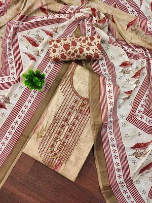 Women's beige embroiderd cotton dress material 1