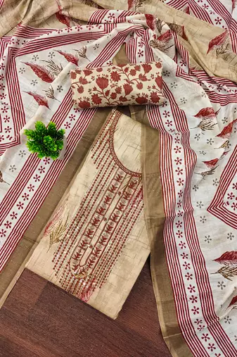 Women's beige unstitched embroiderd cotton dress material 