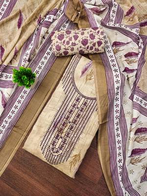 Women's beige embroiderd cotton dress material 1