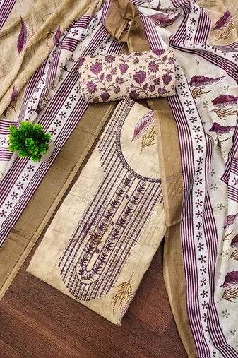 Women's beige unstitched embroiderd cotton dress material 