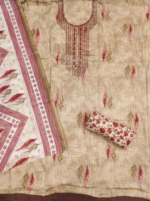 Women's beige embroiderd cotton dress material 2