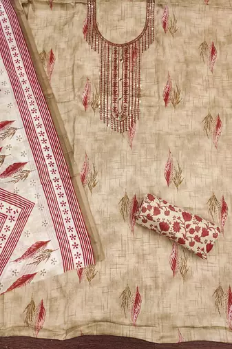 Women's beige embroiderd cotton dress material