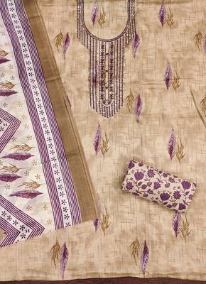 Women's beige embroiderd cotton dress material 2