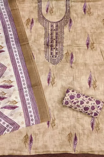 Women's beige embroiderd cotton dress material