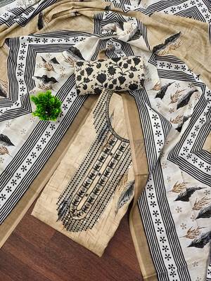 Women's beige embroiderd cotton dress material 1