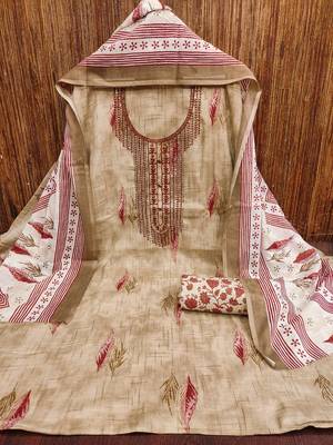 Women's beige embroiderd cotton dress material 3