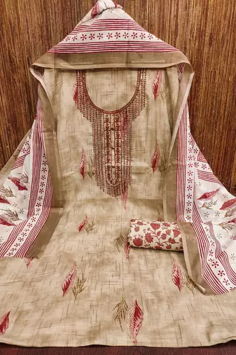 Women's beige embroiderd cotton dress material