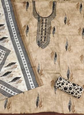 Women's beige embroiderd cotton dress material 2