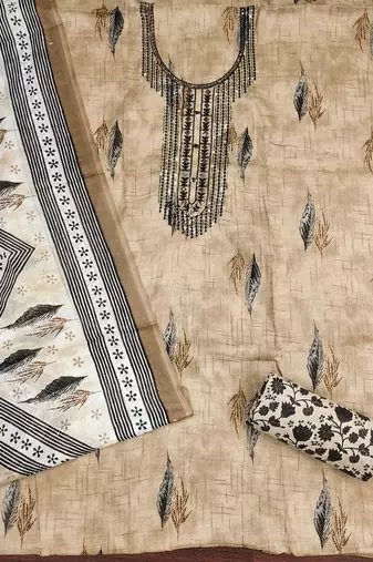Women's beige embroiderd cotton dress material