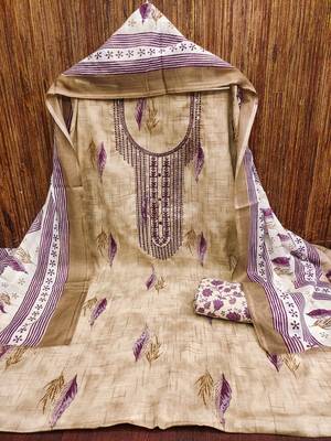 Women's beige embroiderd cotton dress material 3