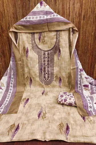 Women's beige embroiderd cotton dress material