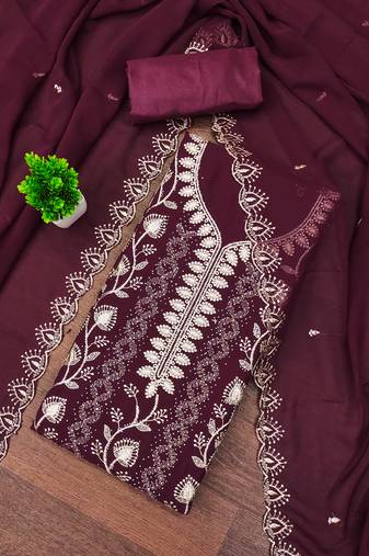 Women's magenta unstitched embroiderd georgette dress material 