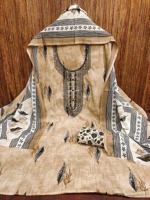 Women's beige embroiderd cotton dress material 3
