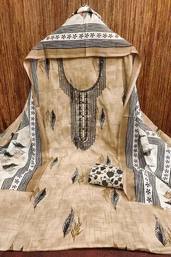 Women's beige embroiderd cotton dress material