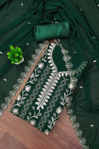 Women's green unstitched embroiderd georgette dress material 