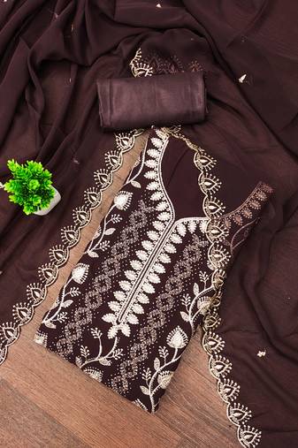 Women's brown unstitched embroiderd georgette dress material 