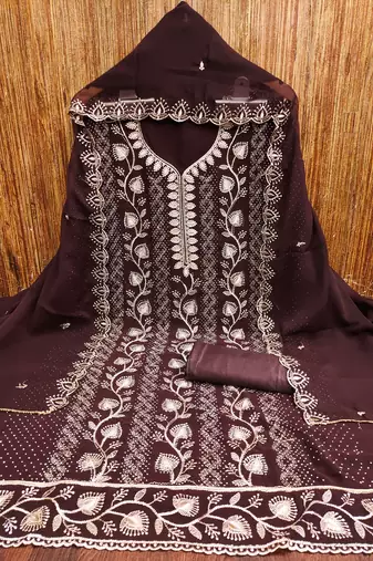 Women's brown embroiderd georgette dress material