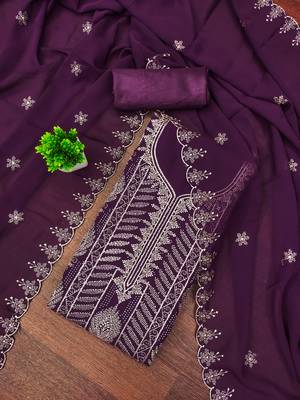 Women's purple embroiderd georgette dress material 1