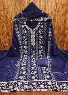 Women's blue embroiderd georgette dress material 3
