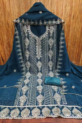 Women's teal blue embroiderd georgette dress material