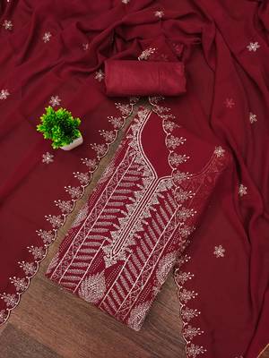 Women's maroon embroiderd georgette dress material 1