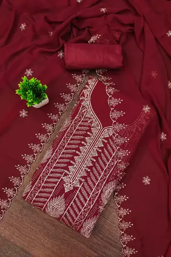 Women's maroon unstitched embroiderd georgette dress material 
