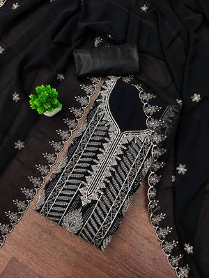 Women's black embroiderd georgette dress material 1