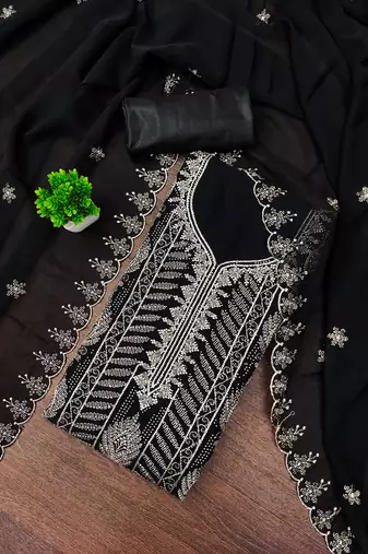 Women's black unstitched embroiderd georgette dress material 