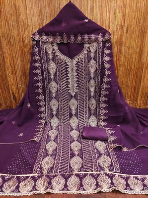 Women's purple embroiderd georgette dress material 3