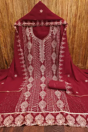 Women's maroon embroiderd georgette dress material