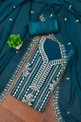 Women's teal blue unstitched embroiderd georgette dress material 