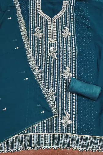 Women's teal blue embroiderd georgette dress material