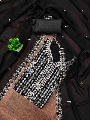 Women's black embroiderd georgette dress material 1