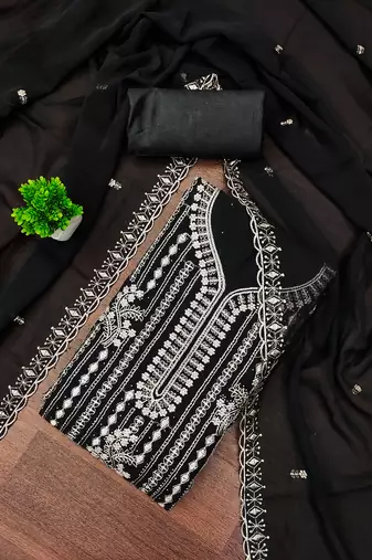 Women's black unstitched embroiderd georgette dress material 